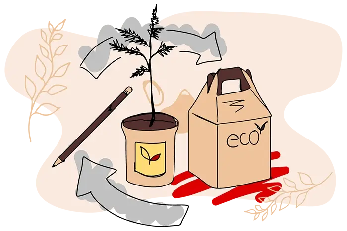 Ilustracja produktów eko (roślinka w doniczce, ołówek rosnący, kartonowe opakowanie) do Welcome Packów
